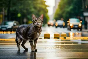 un' gatto in piedi su il strada nel il pioggia. ai-generato foto