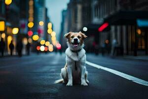 un' cane seduta su il strada nel il mezzo di un' città. ai-generato foto