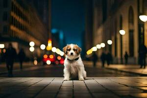 un' cane seduta su il marciapiede a notte. ai-generato foto