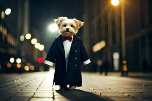 un' cane vestito nel un' smoking in piedi su un' strada a notte. ai-generato foto