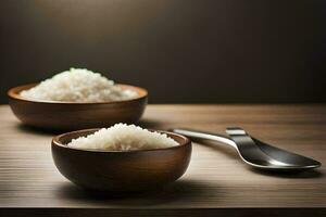 Due ciotole di riso sedersi su un' di legno tavolo. ai-generato foto