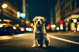 un' cane seduta su il strada a notte. ai-generato foto