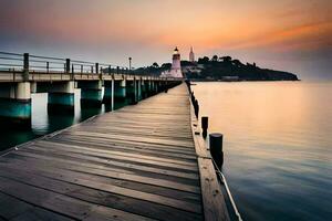 un' molo con un' faro a tramonto. ai-generato foto