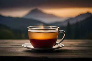 un' tazza di tè su un' di legno tavolo nel davanti di un' montagna Visualizza. ai-generato foto