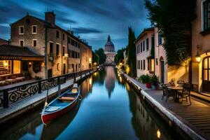 un' barca è attraccato nel un' stretto canale a notte. ai-generato foto