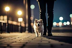 un' persona a piedi un' cane a notte. ai-generato foto