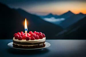 un' compleanno torta con un' singolo candela su superiore. ai-generato foto