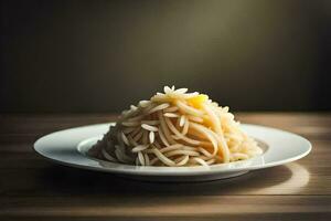 un' piatto di spaghetti su un' di legno tavolo. ai-generato foto