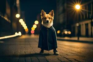 un' cane nel un' cappotto in piedi su un' strada a notte. ai-generato foto