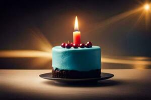 blu compleanno torta con un' candela su superiore. ai-generato foto