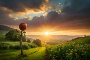 il sole sorge al di sopra di un' campo con girasoli e un Mela albero. ai-generato foto