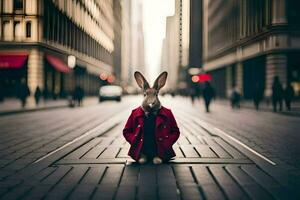 un' coniglio indossare un' rosso cappotto si siede su il strada. ai-generato foto