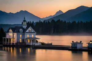 un' Casa si siede su il riva di un' lago a tramonto. ai-generato foto