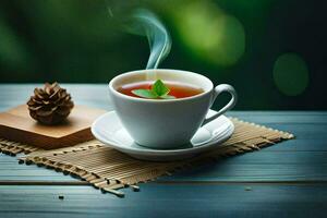 un' tazza di tè su un' di legno tavolo. ai-generato foto