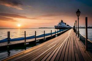 un' molo con un' barca a tramonto. ai-generato foto