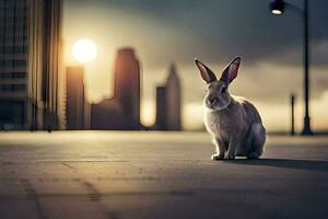 un' coniglio seduta su il terra nel davanti di un' città. ai-generato foto