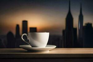 caffè tazza su un' tavolo con paesaggio urbano nel il sfondo. ai-generato foto