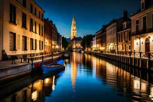 un' canale nel il mezzo di un' città a notte. ai-generato foto