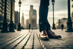 un' uomo indossare Marrone scarpe sta su un' mattone passerella. ai-generato foto