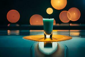 un' bicchiere di verde liquido seduta su il bordo di un' piscina. ai-generato foto