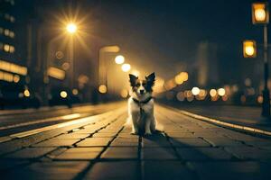 un' cane in piedi su un' strada a notte. ai-generato foto