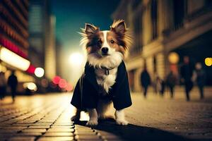 un' cane indossare un' cappotto in piedi su un' strada a notte. ai-generato foto