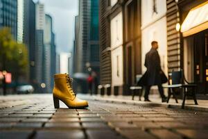 giallo alto tacco scarpa su il strada. ai-generato foto