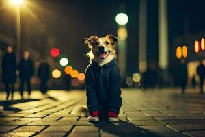 un' cane seduta su il terra nel il scuro. ai-generato foto