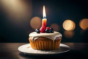 un' Cupcake con un' candela su superiore. ai-generato foto
