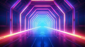 3d interpretazione rosa blu giallo neon luce, luminosa colorato tunnel. reso scienza palcoscenico sfondo acuto immagini. virtuale la realtà ambiente, raggiante Linee. di moda per sociale media banner foto