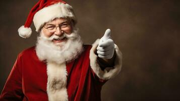ritratto di contento Santa Claus mostrando pollici su gesto su buio sfondo. ai generativo foto