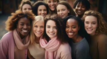 ai generativo. ritratto di sorridente multietnico gruppo di giovane donne guardare a telecamera foto