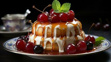 delizioso budino cibo con frutta guarnizione ai foto