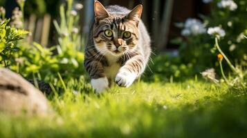 un energico gatto catturato medio - balzare, occhi bloccato su suo nascosto preda, contro un' giardino sfondo. generativo ai foto