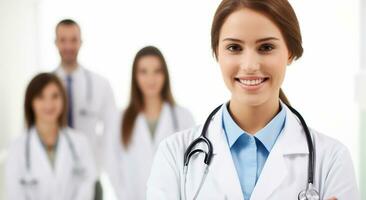 contento giovane femmina medico, medico uniforme, infermiera, farmacista, bianca isolato sfondo. generativo ai foto