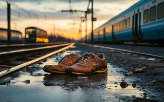 ai generativo. abbandonato scarpe su il piattaforma di un' ferrovia stazione foto