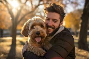 giovane adulto uomo Tenere il suo beagle , all'aperto autunno parco, ai generato foto