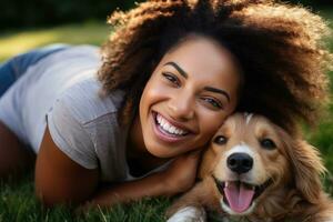 ridendo donna e sua cane dire bugie su il drass insieme, superiore Visualizza, ai generato foto