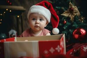 carino bambino nel un' rosso Santa cappello con regalo scatola su Natale albero sfondo. ai generato foto