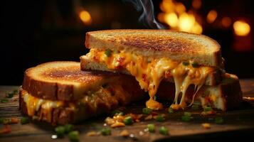 delizioso grigliato formaggio Sandwich su di legno tavola. ai generativo foto