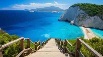 ponte su il spiaggia, viaggio scenario sfondo, estate paesaggio. generativo ai foto