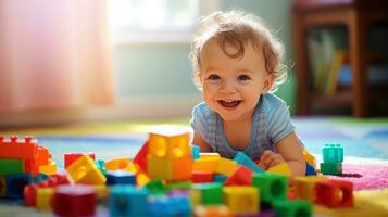 un' sorridente bambino piccolo giocando con colorato blocchi su un' morbido tappeto sotto caldo luce del sole, circondato di giocattoli. generativo ai foto