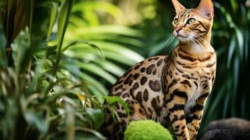 Bengala gatto, suo macchiato pelliccia ricorda di un' selvaggio leopardo, sta mettere in guardia nel un' lussureggiante giardino. generativo ai foto