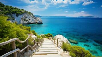 ponte su il spiaggia, viaggio scenario sfondo, estate paesaggio. generativo ai foto