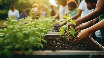 un' Comunità giardino curato di gente del posto di vario sfondi, semina semi di unità e inclusività. generativo ai foto