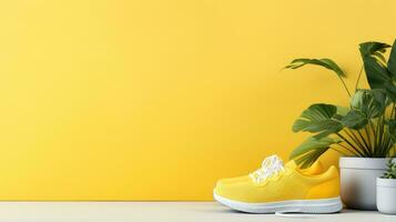 sport scarpe da ginnastica, oggetto su giallo sfondo, bandiera con copia spazio. generativo ai foto