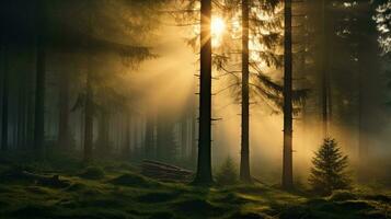 foresta con pino alberi e nebbia, fiaba atmosfera, bosco paesaggio. generativo ai foto