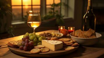 ai generativo. formaggio piatto con uva, vino e spuntini su di legno tavolo foto