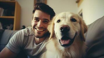contento cane e uomo insieme, amico di persone a casa. generativo ai foto