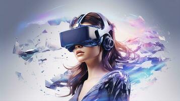 Augmented virtuale la realtà tecnologia, donna con vr occhiali, Ciao Tech sfondo. generativo ai foto